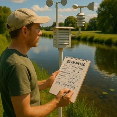 Un homme qui dresse un bilan meteo pres de son etang en europe 2