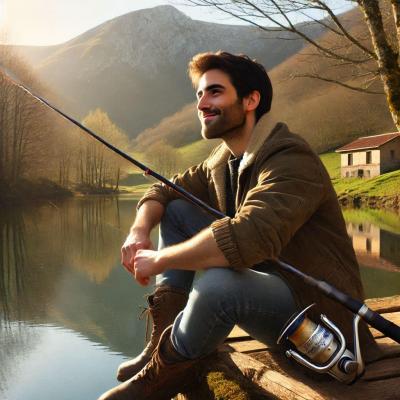 Un jeune pecheur heureux au bord de son etang en europe car le printemps arrive